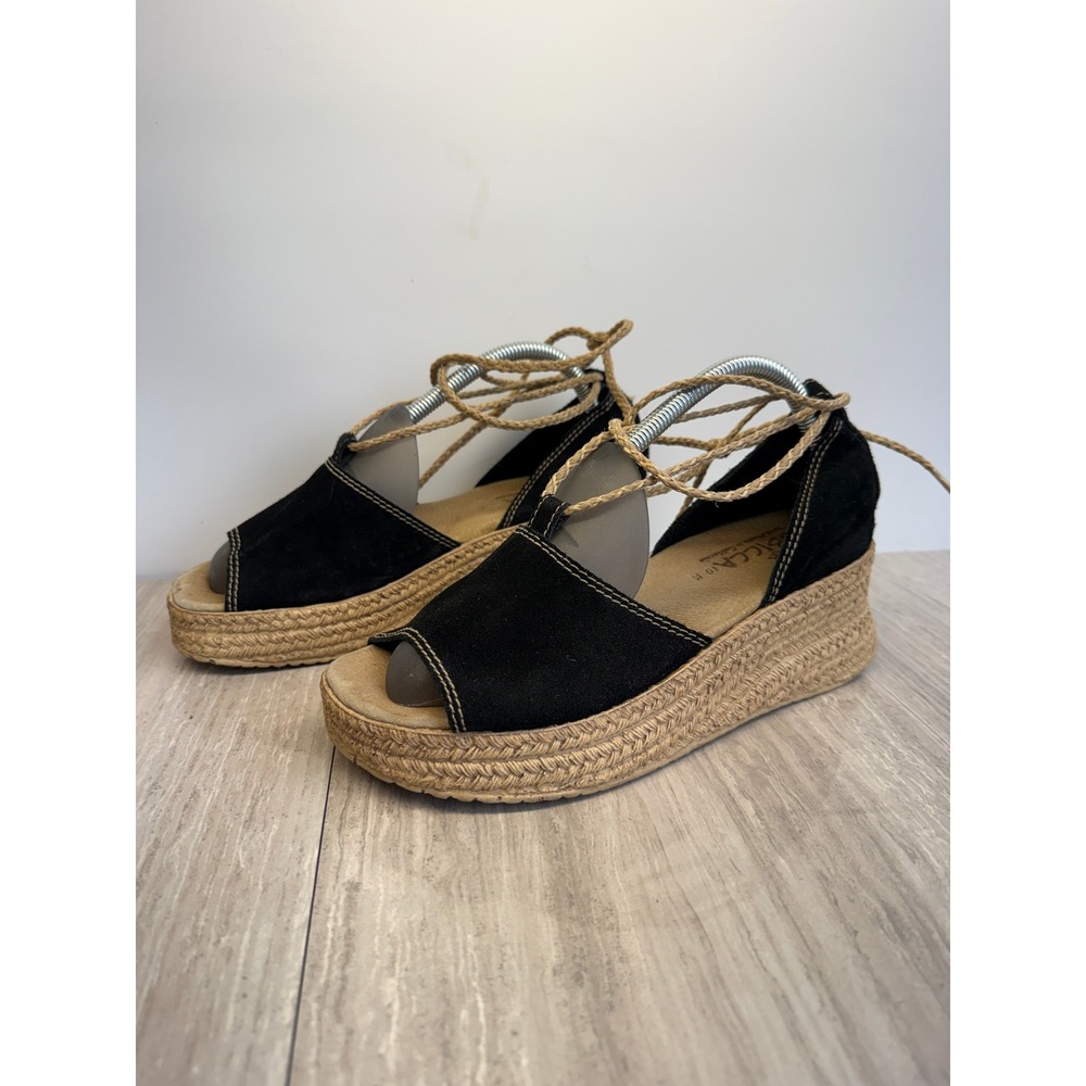 Sbicca Vintage Espadrille Platform Wedge Tie Up Sandals Black Suede Y2K Boho 10